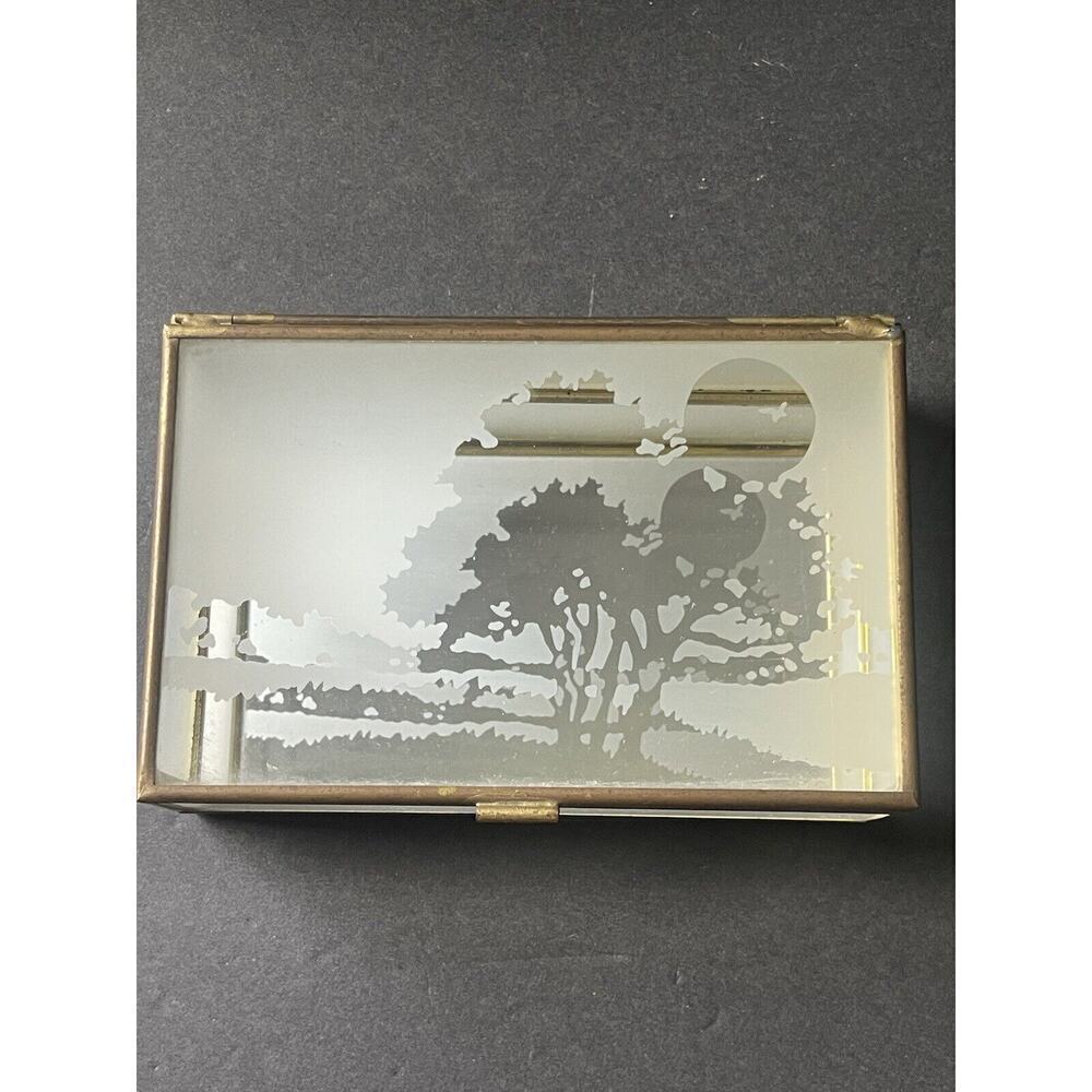 Crowning Touch VTG Etched Glass Panel Brass Hinged Footed Jewelry Box Mirror